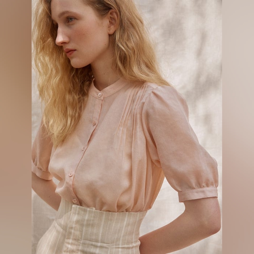 Wconcept Frontrow Pink Pleated Puff Sleeve Sheer Blouse Mandarin Collar Korean